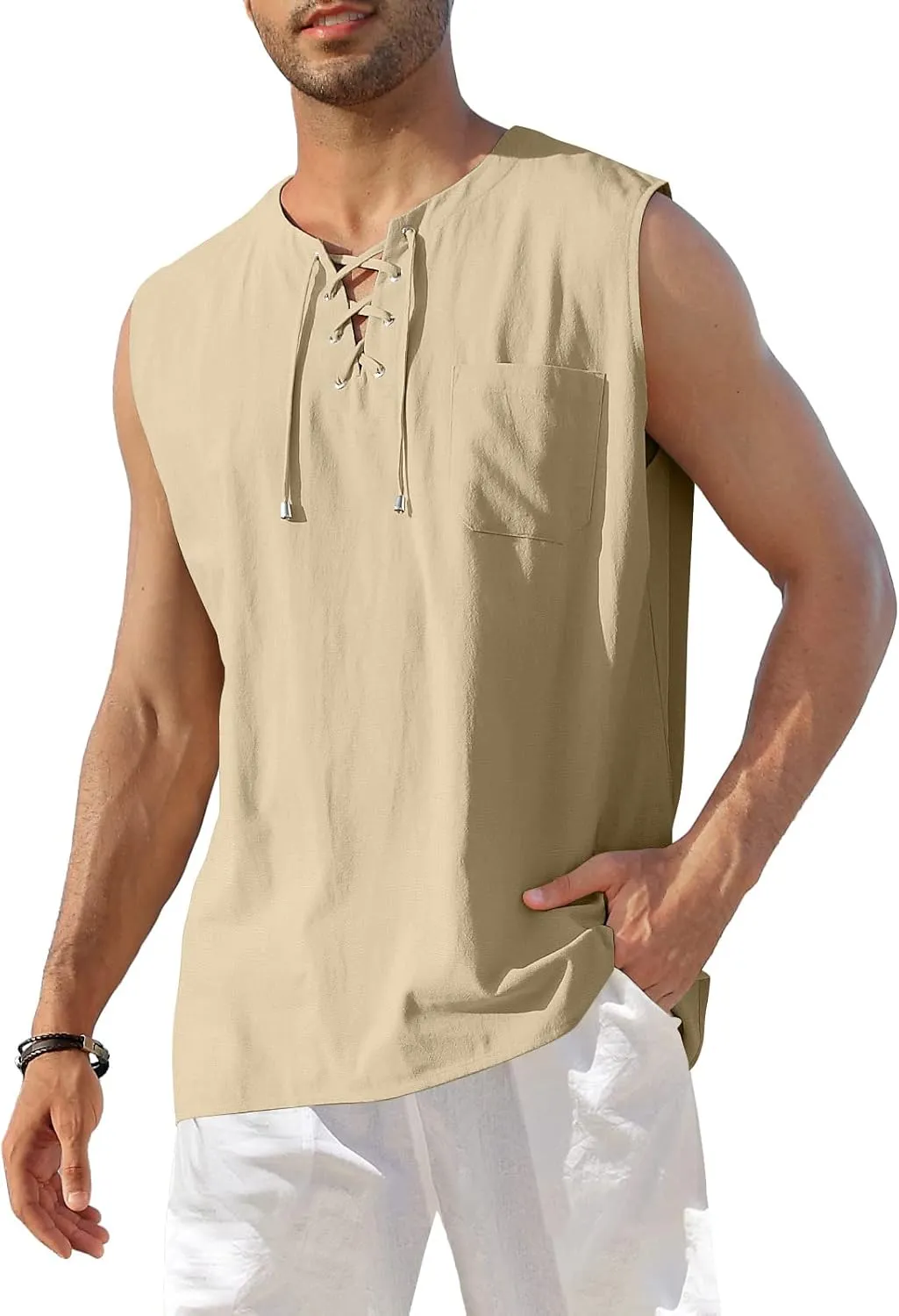 KUYIGO Men's Fashion Beach Sleeveless Shirts Hippie Tank Top Linen Viking Tunic for Summer