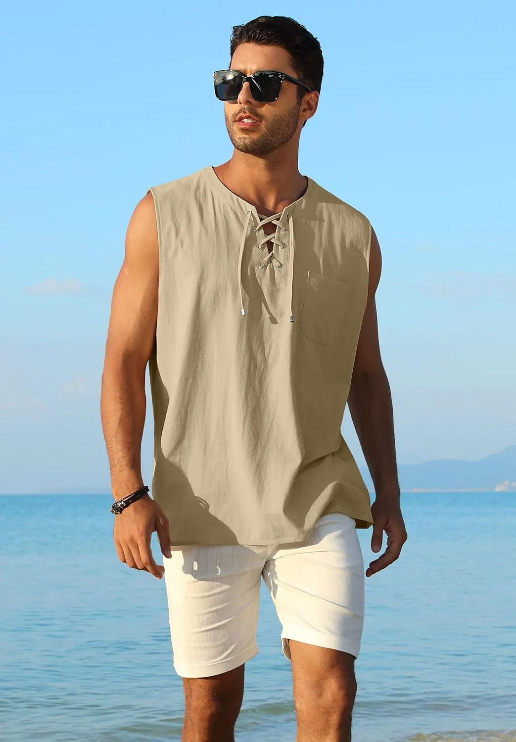 KUYIGO Men's Fashion Beach Sleeveless Shirts Hippie Tank Top Linen Viking Tunic for Summer