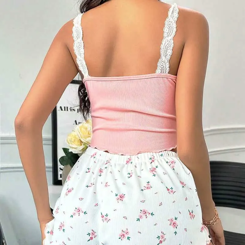 Ladies' Homewear Lace Suspender Shorts Suit