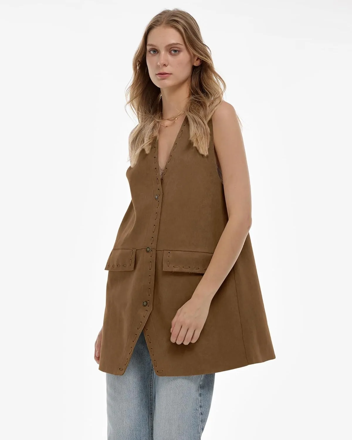 Locachy Women's Vintage Suede Vest Casual Button Down Waistcoat Steampunk Dress with Pockets
