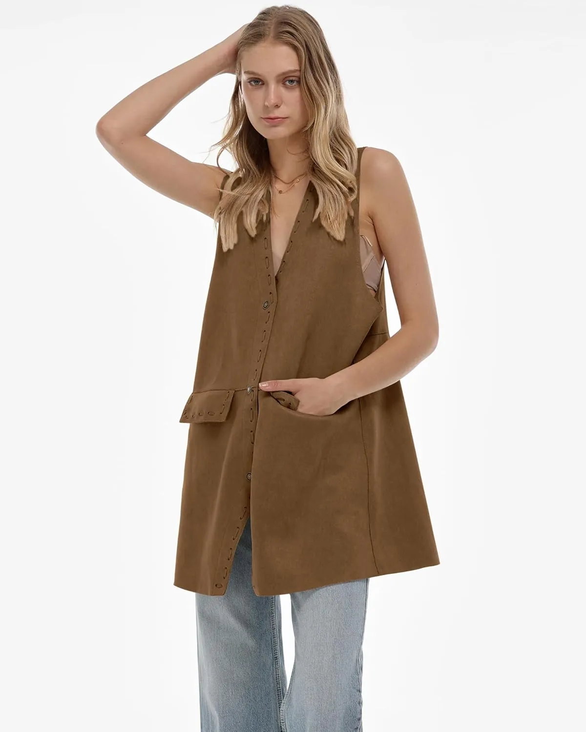 Locachy Women's Vintage Suede Vest Casual Button Down Waistcoat Steampunk Dress with Pockets