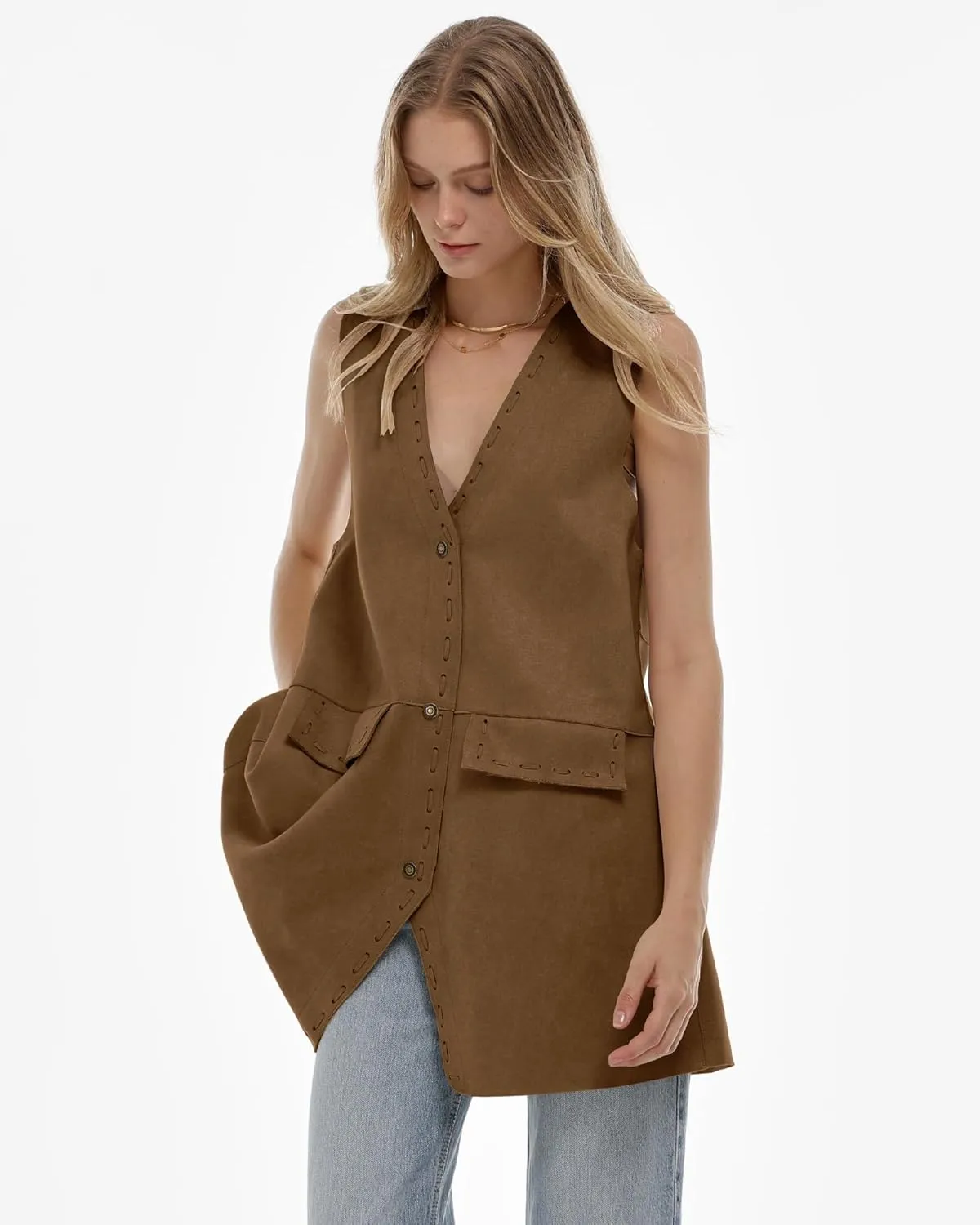 Locachy Women's Vintage Suede Vest Casual Button Down Waistcoat Steampunk Dress with Pockets