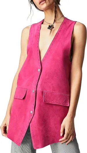 Locachy Women's Vintage Suede Vest Casual Button Down Waistcoat Steampunk Dress with Pockets