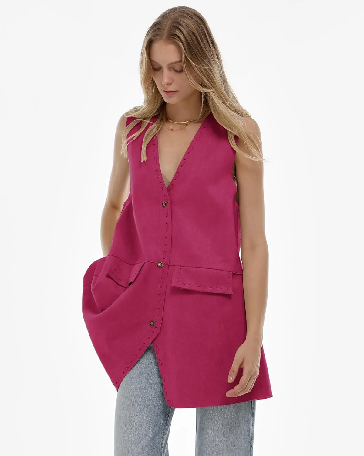 Locachy Women's Vintage Suede Vest Casual Button Down Waistcoat Steampunk Dress with Pockets