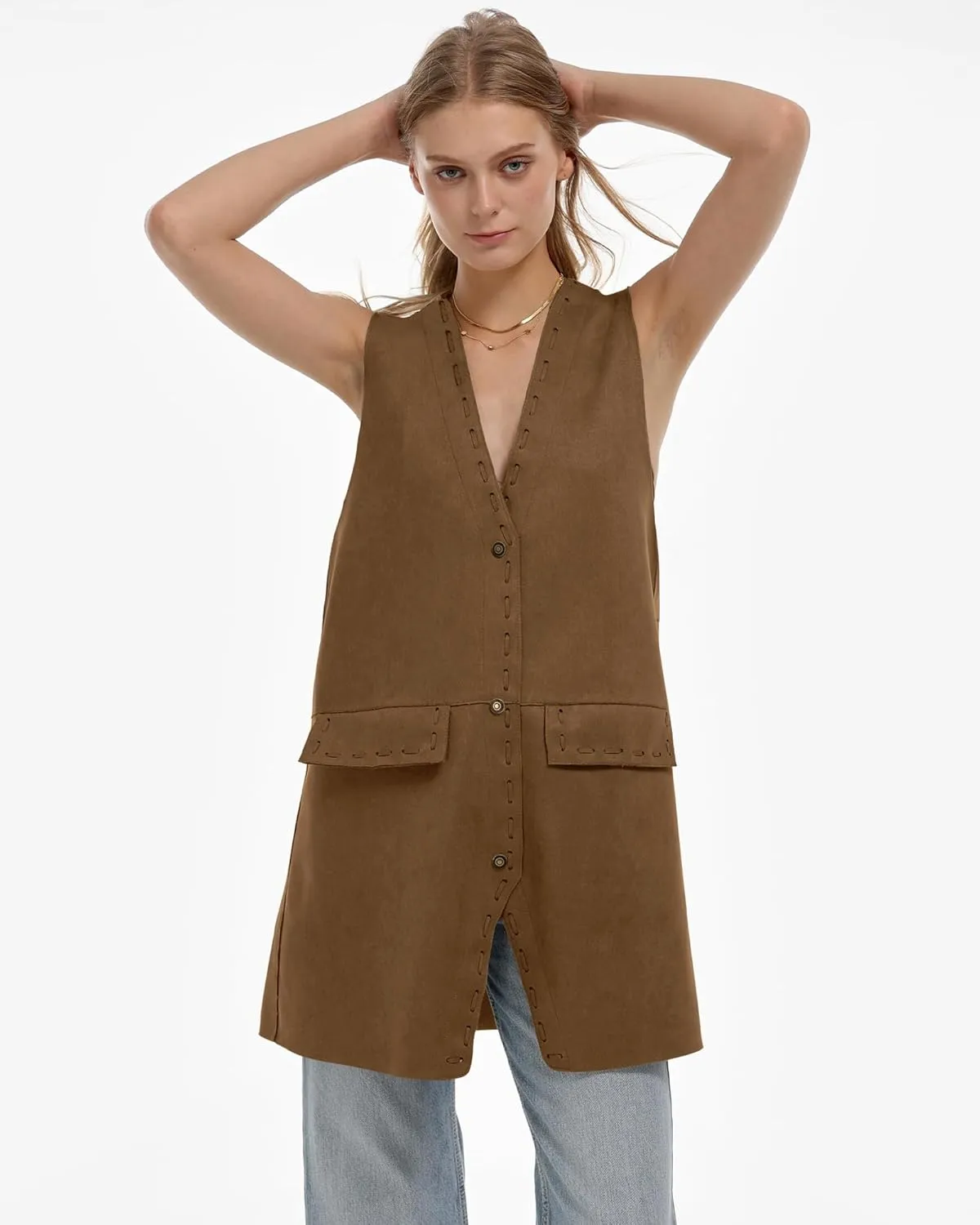 Locachy Women's Vintage Suede Vest Casual Button Down Waistcoat Steampunk Dress with Pockets