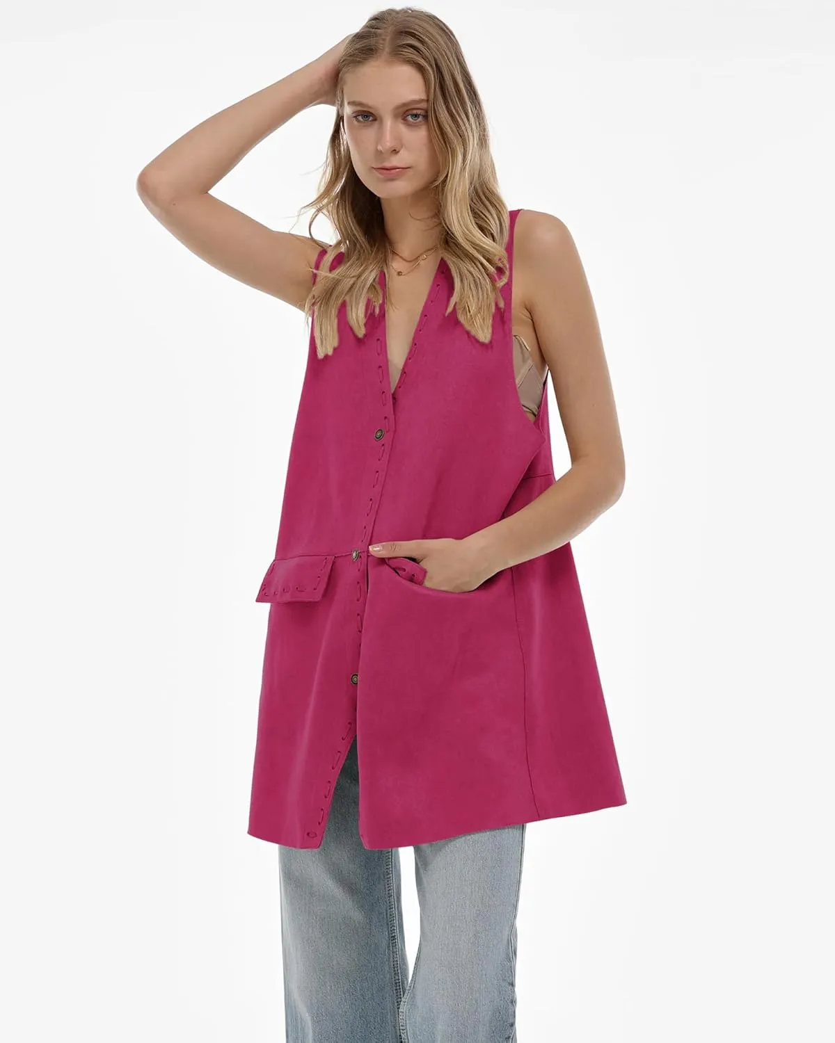 Locachy Women's Vintage Suede Vest Casual Button Down Waistcoat Steampunk Dress with Pockets