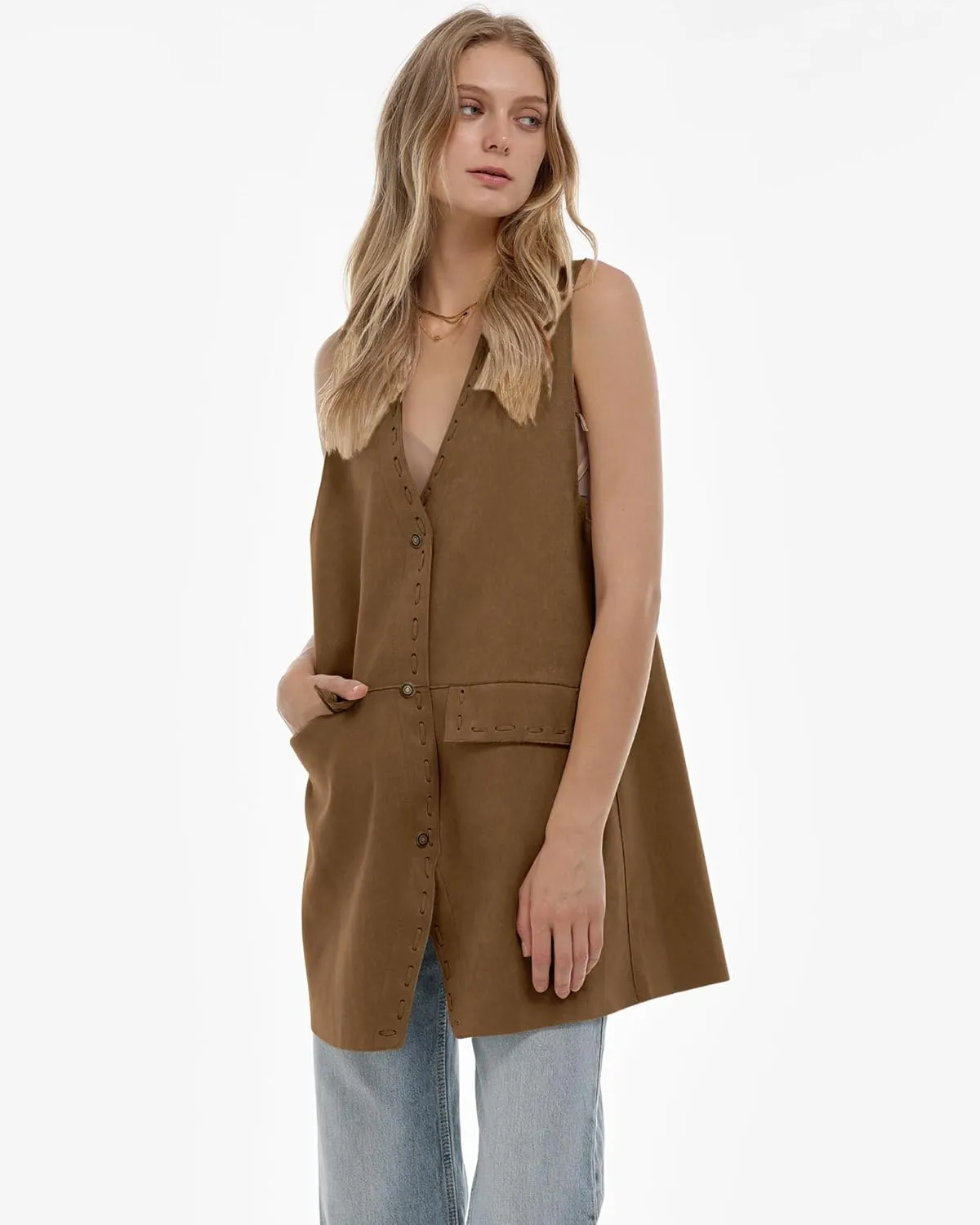 Locachy Women's Vintage Suede Vest Casual Button Down Waistcoat Steampunk Dress with Pockets