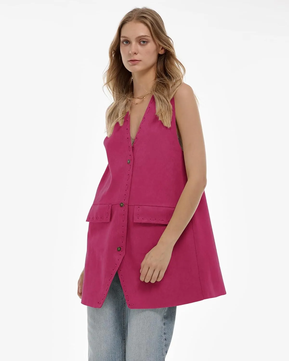 Locachy Women's Vintage Suede Vest Casual Button Down Waistcoat Steampunk Dress with Pockets