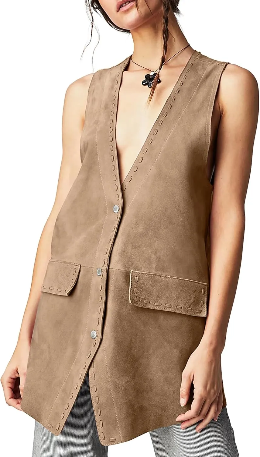 Locachy Women's Vintage Suede Vest Casual Button Down Waistcoat Steampunk Dress with Pockets