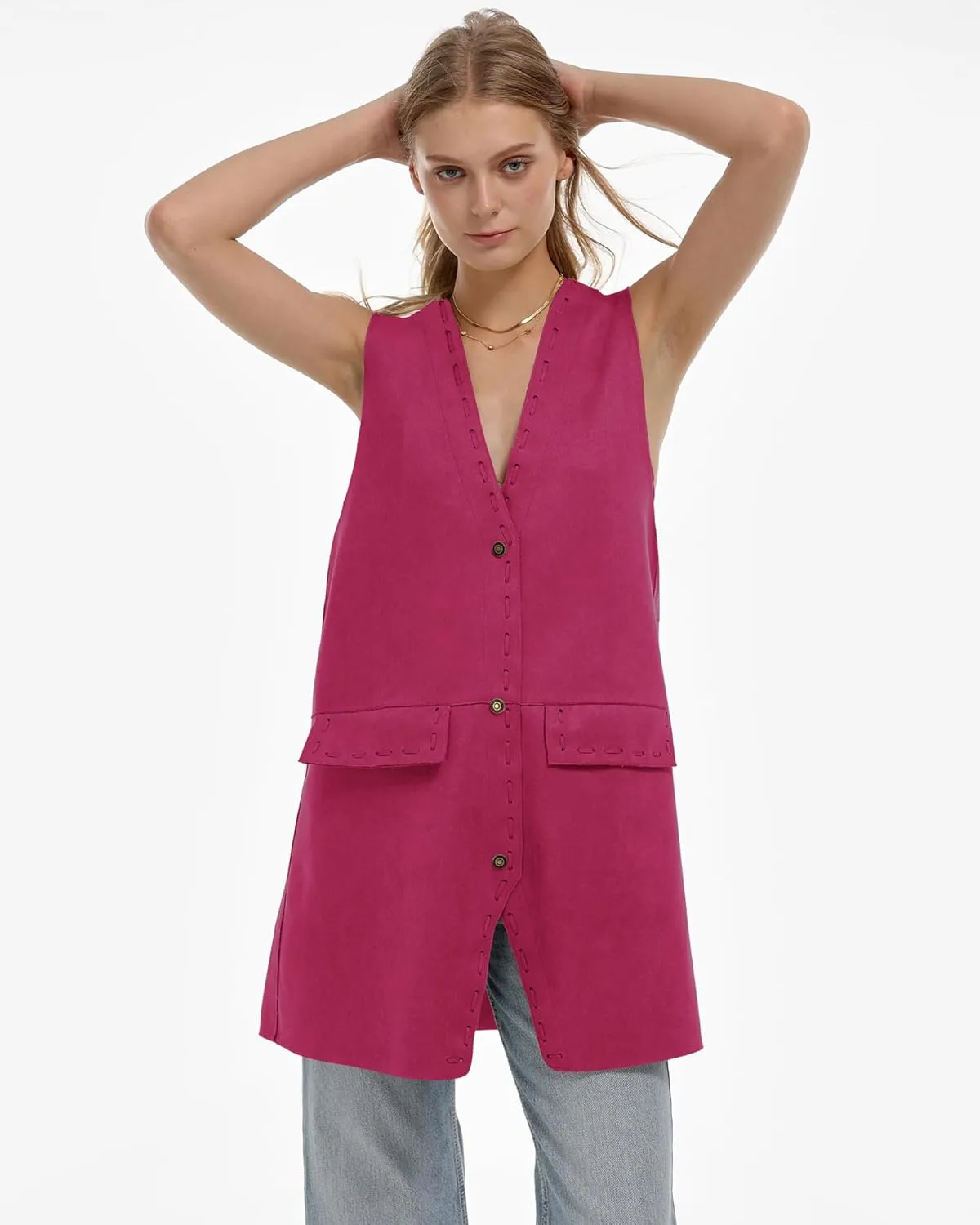 Locachy Women's Vintage Suede Vest Casual Button Down Waistcoat Steampunk Dress with Pockets