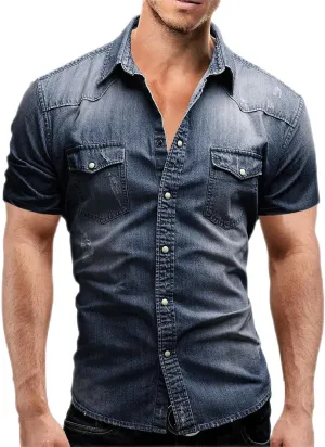 MARSVOVO Mens Short Sleeve Denim Shirt Beach Denim Button Down Tank Tops Basic Scoop Neck Solid Jean Vest with Pockets