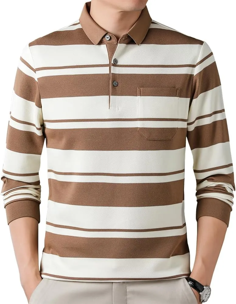 Mens Casual Cotton Blend Striped Long Sleeve Collared T Shirt Polo Shirts