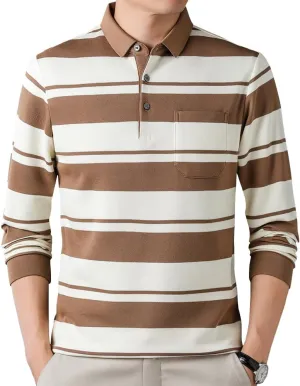 Mens Casual Cotton Blend Striped Long Sleeve Collared T Shirt Polo Shirts