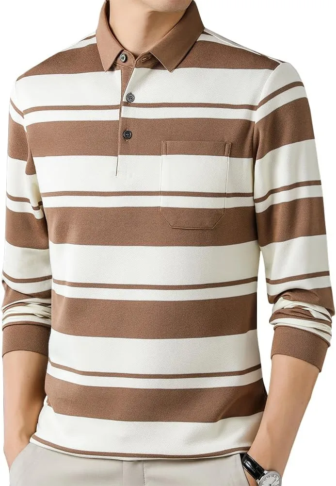 Mens Casual Cotton Blend Striped Long Sleeve Collared T Shirt Polo Shirts