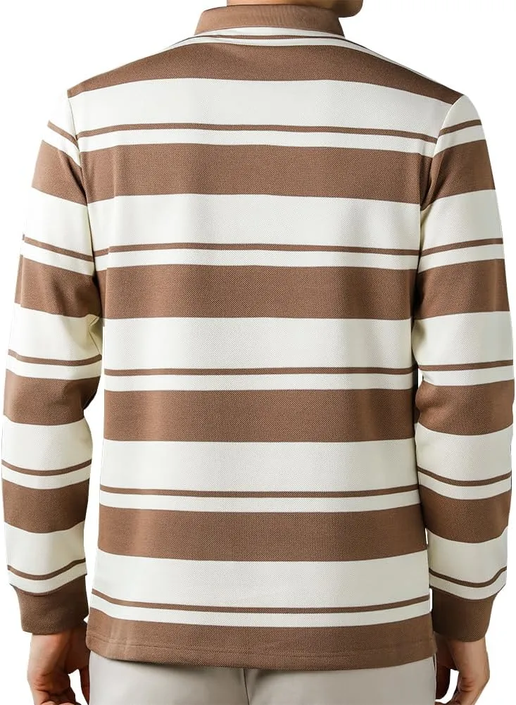 Mens Casual Cotton Blend Striped Long Sleeve Collared T Shirt Polo Shirts