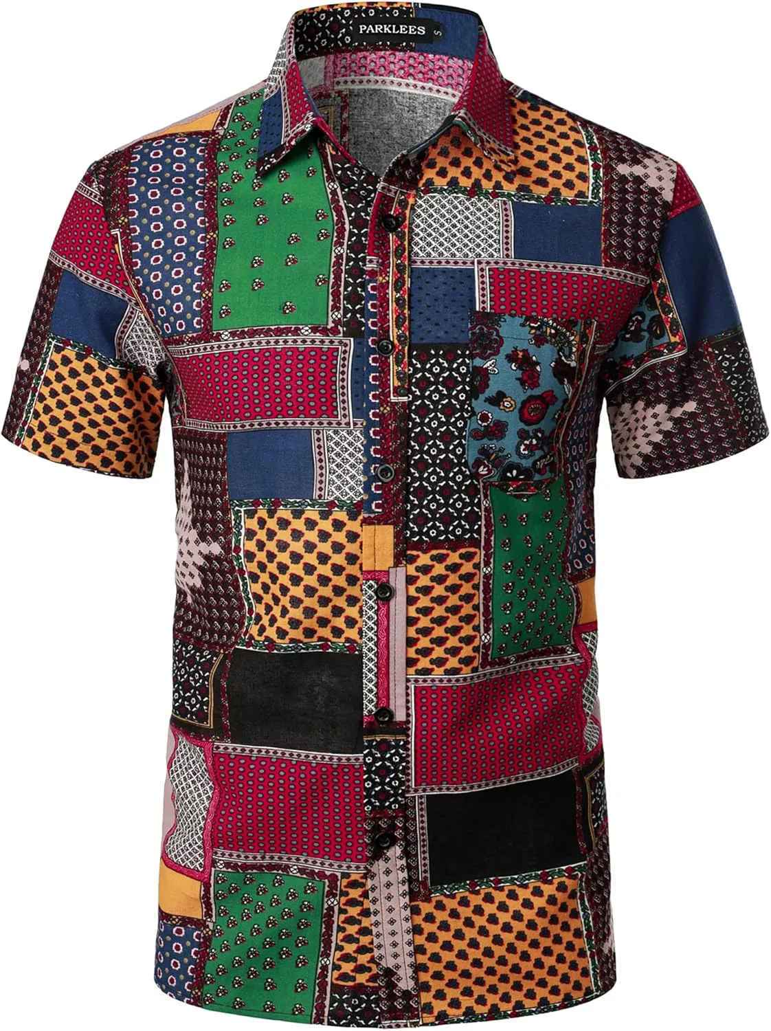 Men's Cotton Linen Vintage Pattern Printed Old Style Shirt Casual Short Sleeve Button Down Retro Shirts