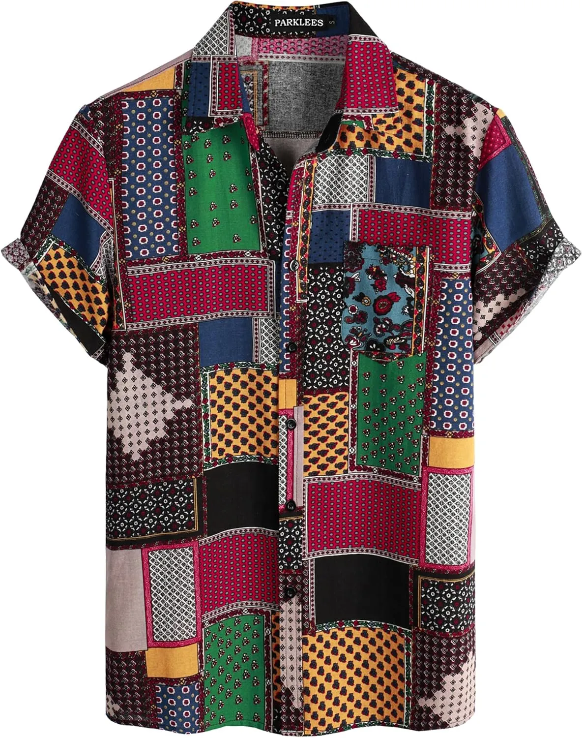 Men's Cotton Linen Vintage Pattern Printed Old Style Shirt Casual Short Sleeve Button Down Retro Shirts