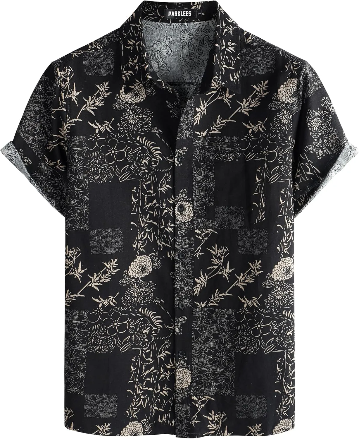 Men's Cotton Linen Vintage Pattern Printed Old Style Shirt Casual Short Sleeve Button Down Retro Shirts