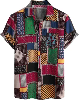 Men's Cotton Linen Vintage Pattern Printed Old Style Shirt Casual Short Sleeve Button Down Retro Shirts