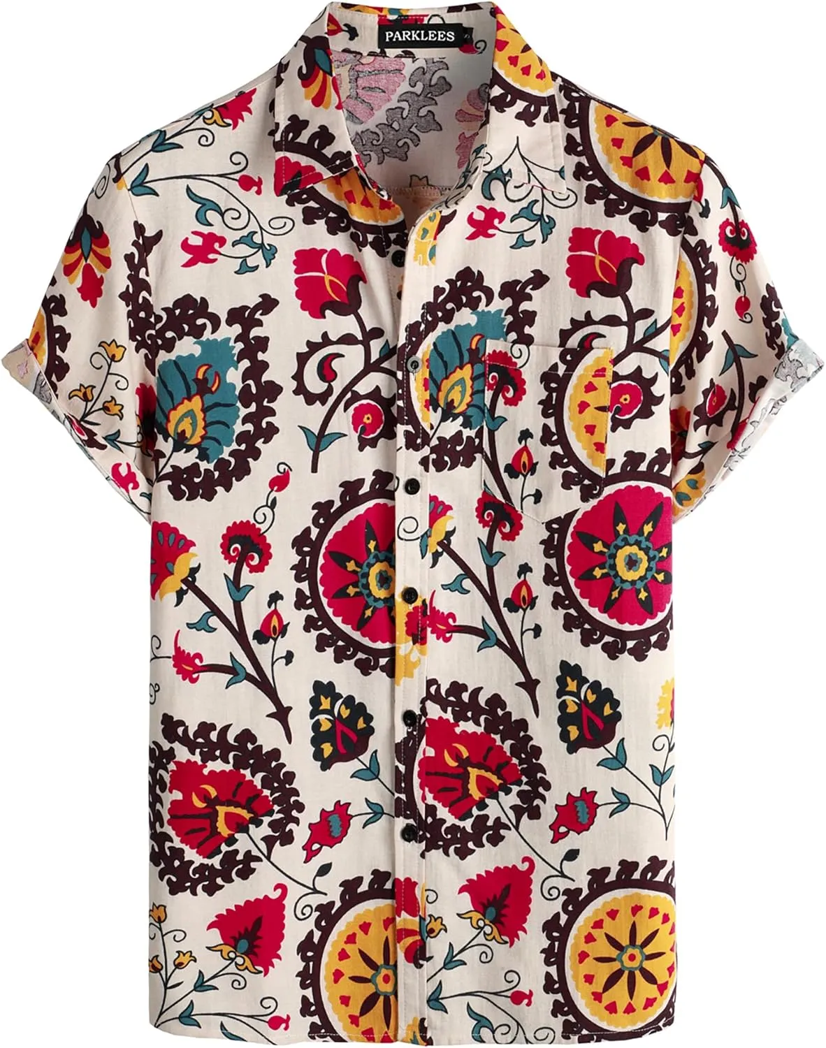 Men's Cotton Linen Vintage Pattern Printed Old Style Shirt Casual Short Sleeve Button Down Retro Shirts