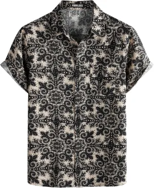 Men's Cotton Linen Vintage Pattern Printed Old Style Shirt Casual Short Sleeve Button Down Retro Shirts