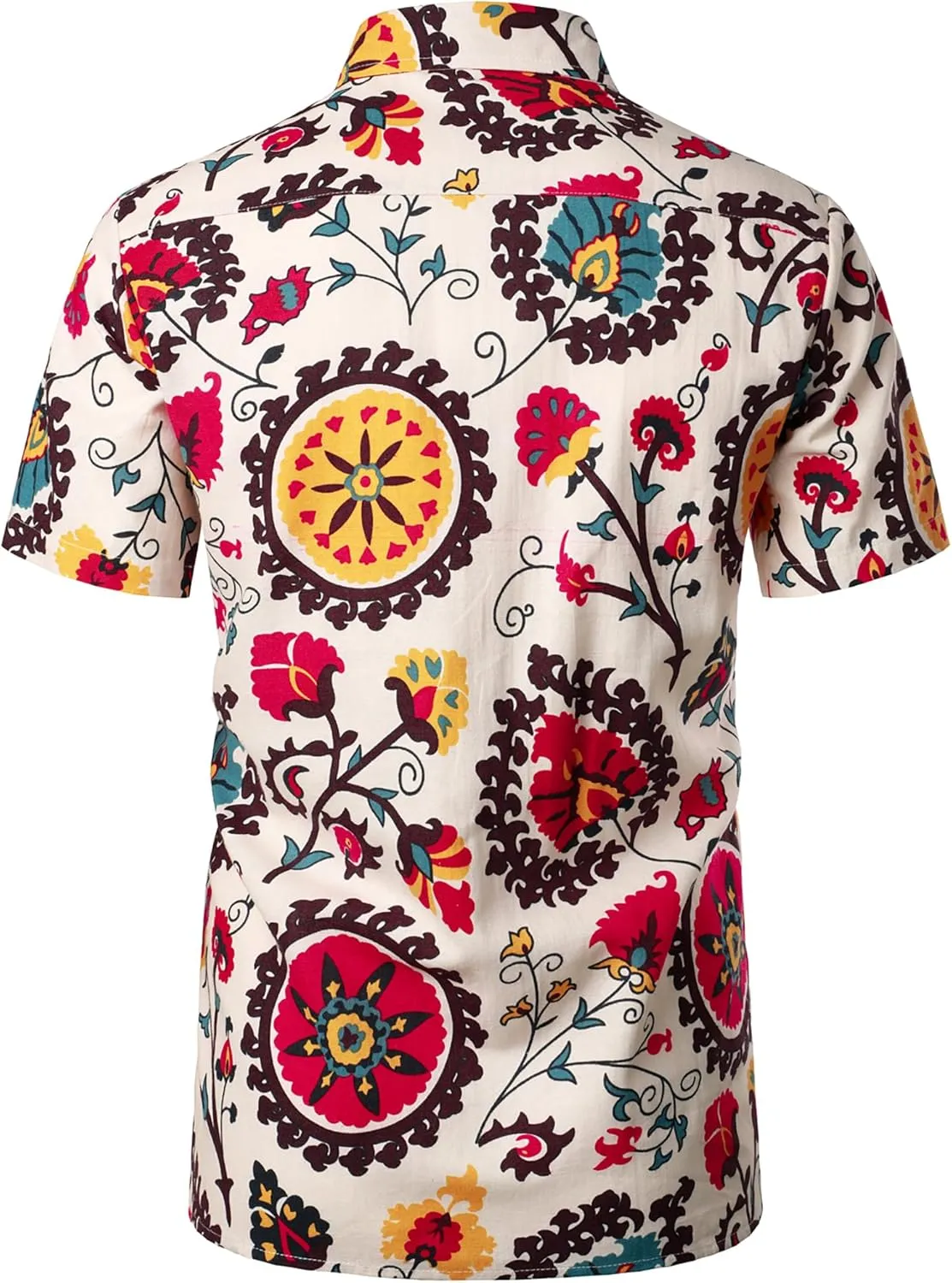 Men's Cotton Linen Vintage Pattern Printed Old Style Shirt Casual Short Sleeve Button Down Retro Shirts