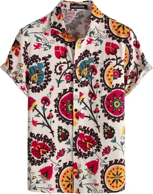 Men's Cotton Linen Vintage Pattern Printed Old Style Shirt Casual Short Sleeve Button Down Retro Shirts