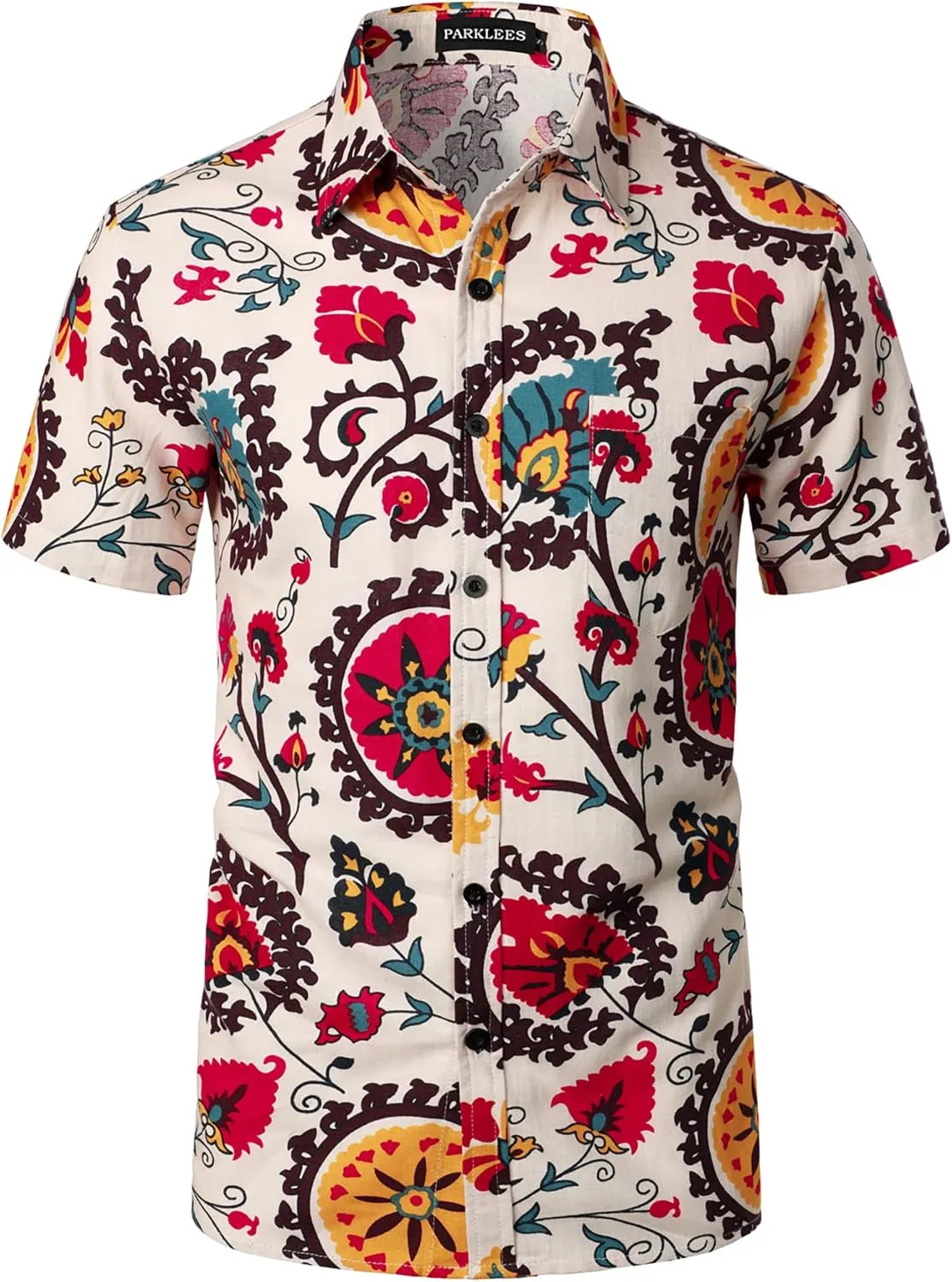 Men's Cotton Linen Vintage Pattern Printed Old Style Shirt Casual Short Sleeve Button Down Retro Shirts