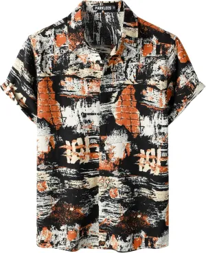 Men's Cotton Linen Vintage Pattern Printed Old Style Shirt Casual Short Sleeve Button Down Retro Shirts