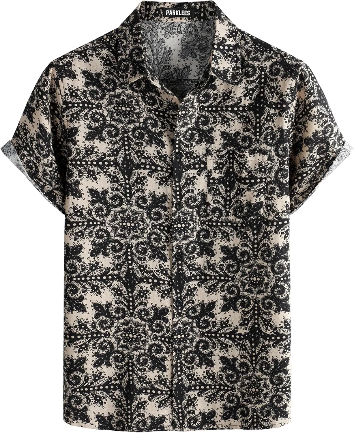 Men's Cotton Linen Vintage Pattern Printed Old Style Shirt Casual Short Sleeve Button Down Retro Shirts