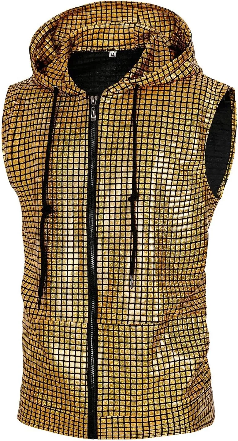 Mens Disco sequin vest metallic Zip Up Shirts 70s Costume with Pocket