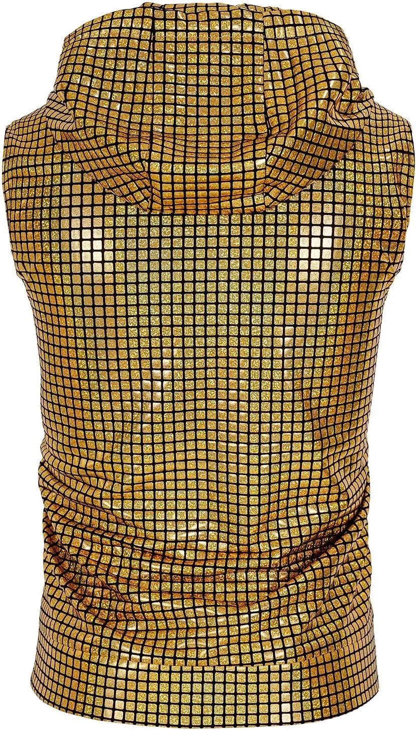 Mens Disco sequin vest metallic Zip Up Shirts 70s Costume with Pocket