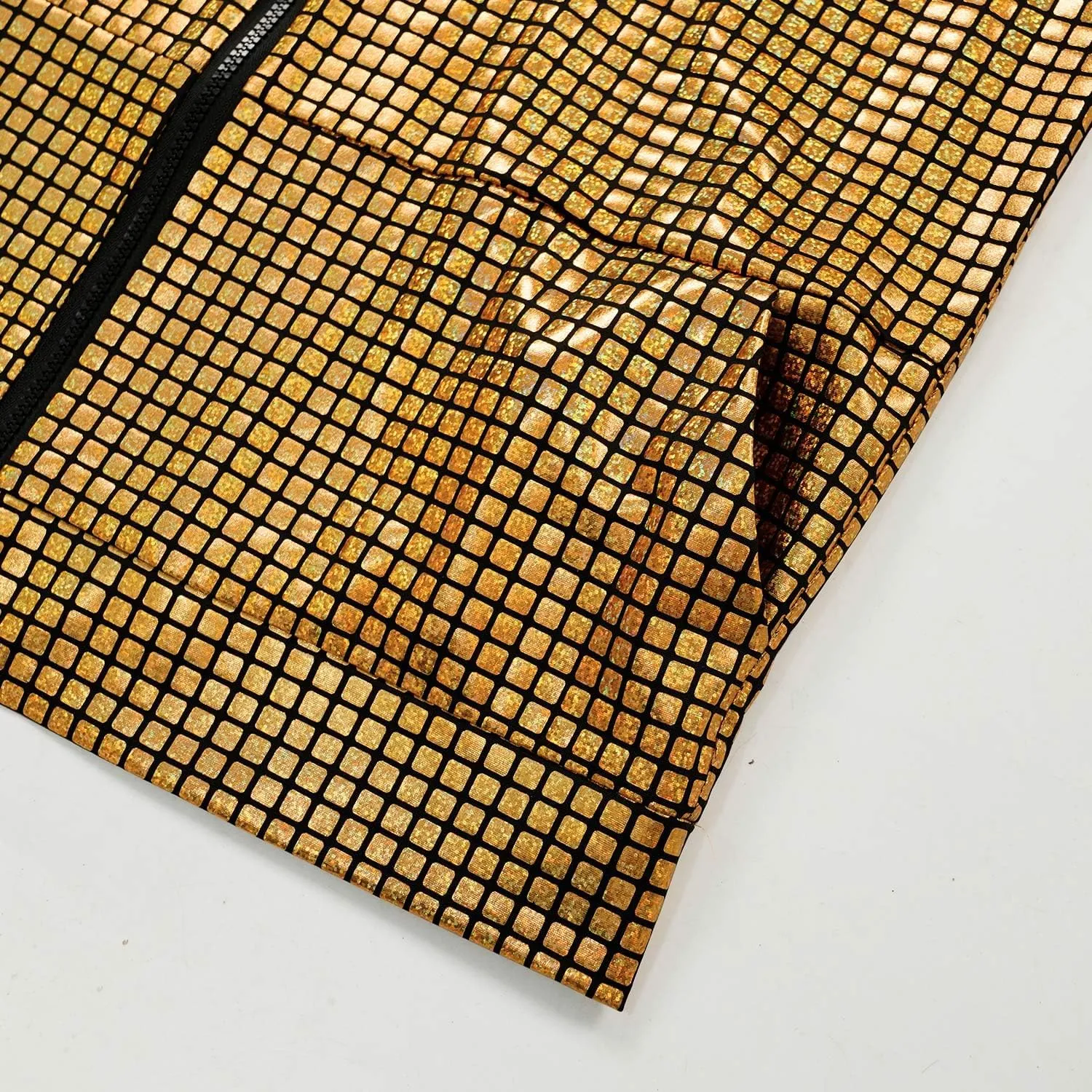Mens Disco sequin vest metallic Zip Up Shirts 70s Costume with Pocket