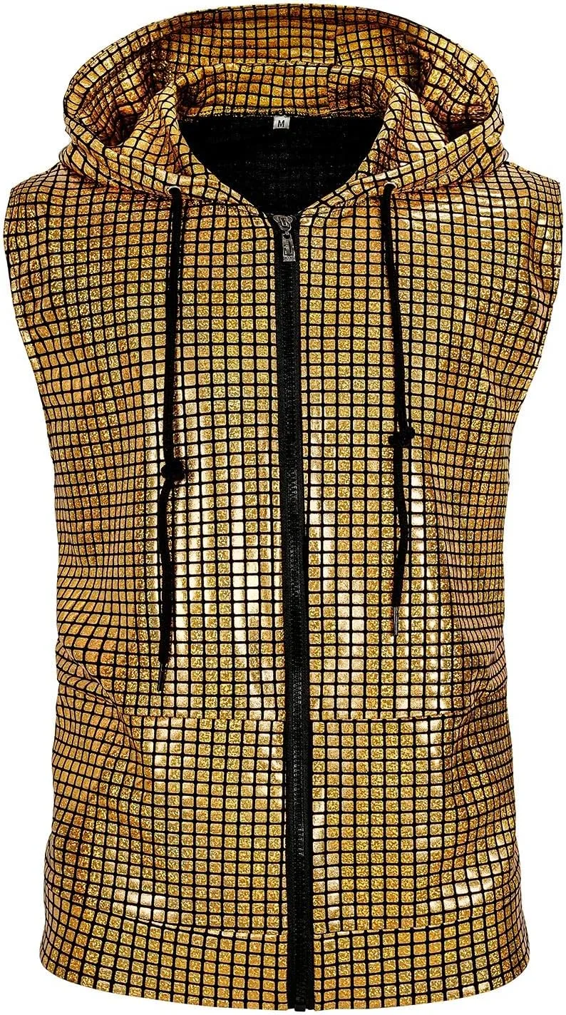 Mens Disco sequin vest metallic Zip Up Shirts 70s Costume with Pocket