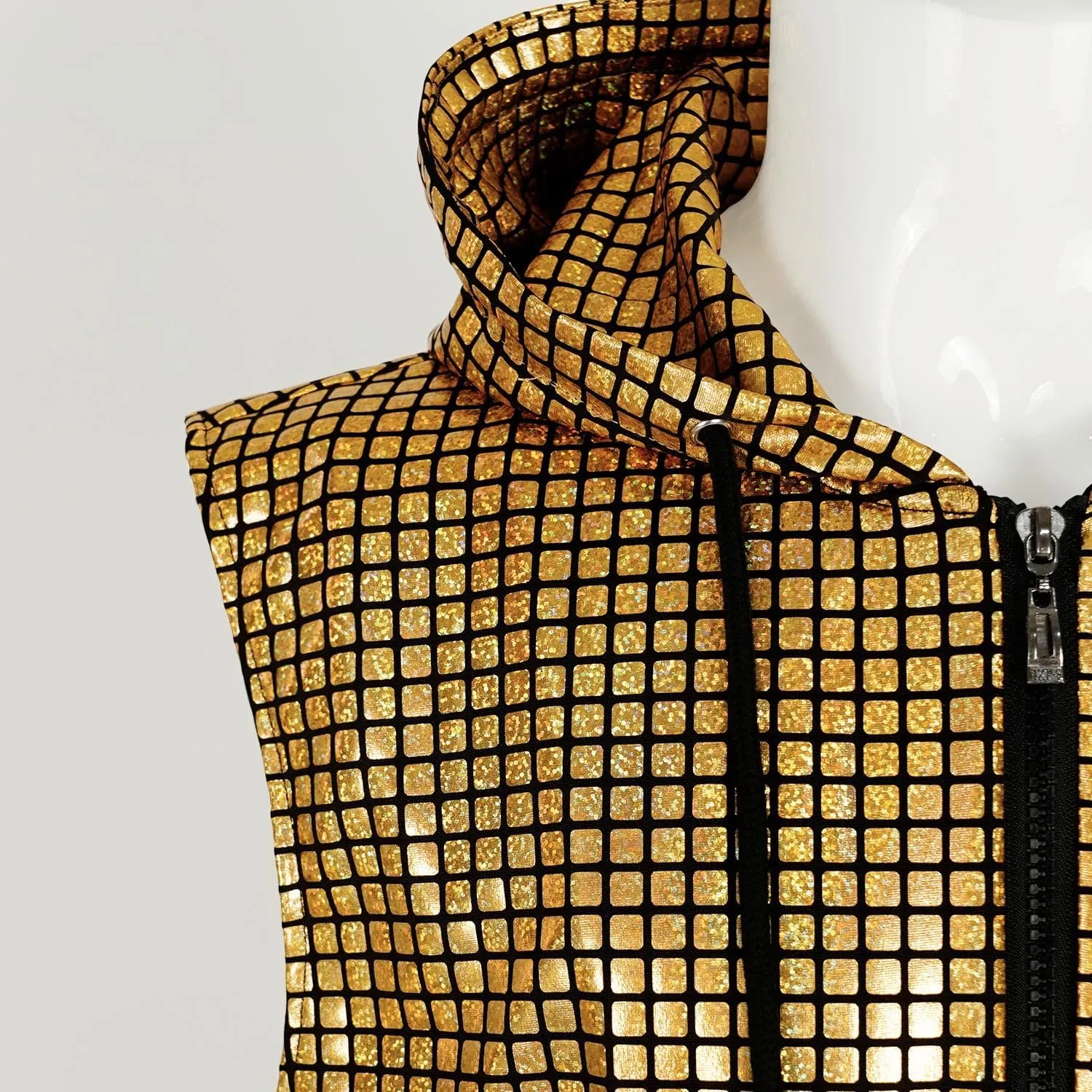 Mens Disco sequin vest metallic Zip Up Shirts 70s Costume with Pocket