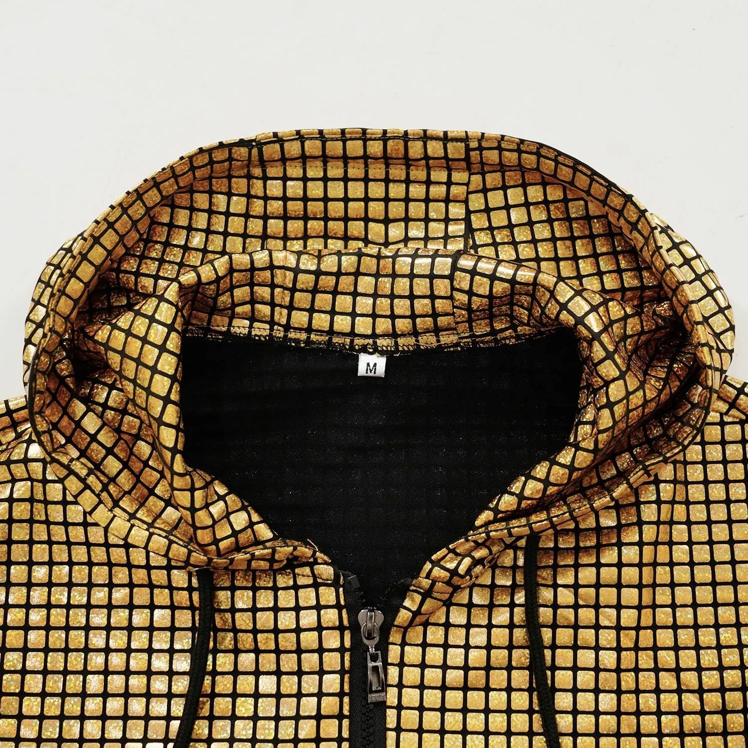 Mens Disco sequin vest metallic Zip Up Shirts 70s Costume with Pocket