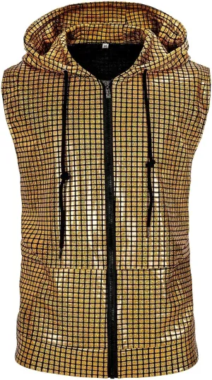 Mens Disco sequin vest metallic Zip Up Shirts 70s Costume with Pocket