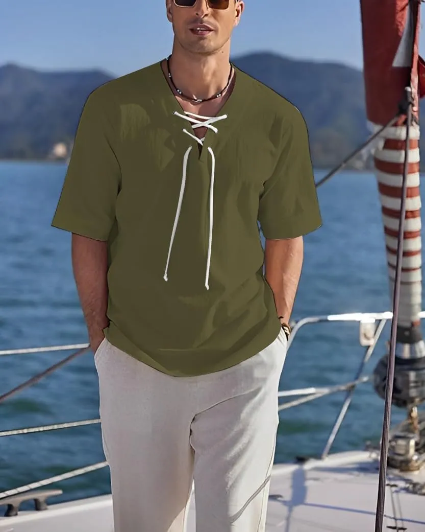 Men's Henley Shirts V-Neck Lace-Up Medieval Beach Resorts Retro Shirt