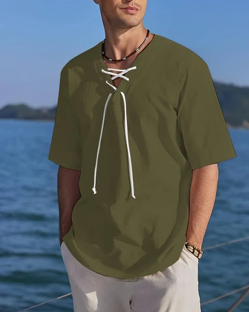 Men's Henley Shirts V-Neck Lace-Up Medieval Beach Resorts Retro Shirt
