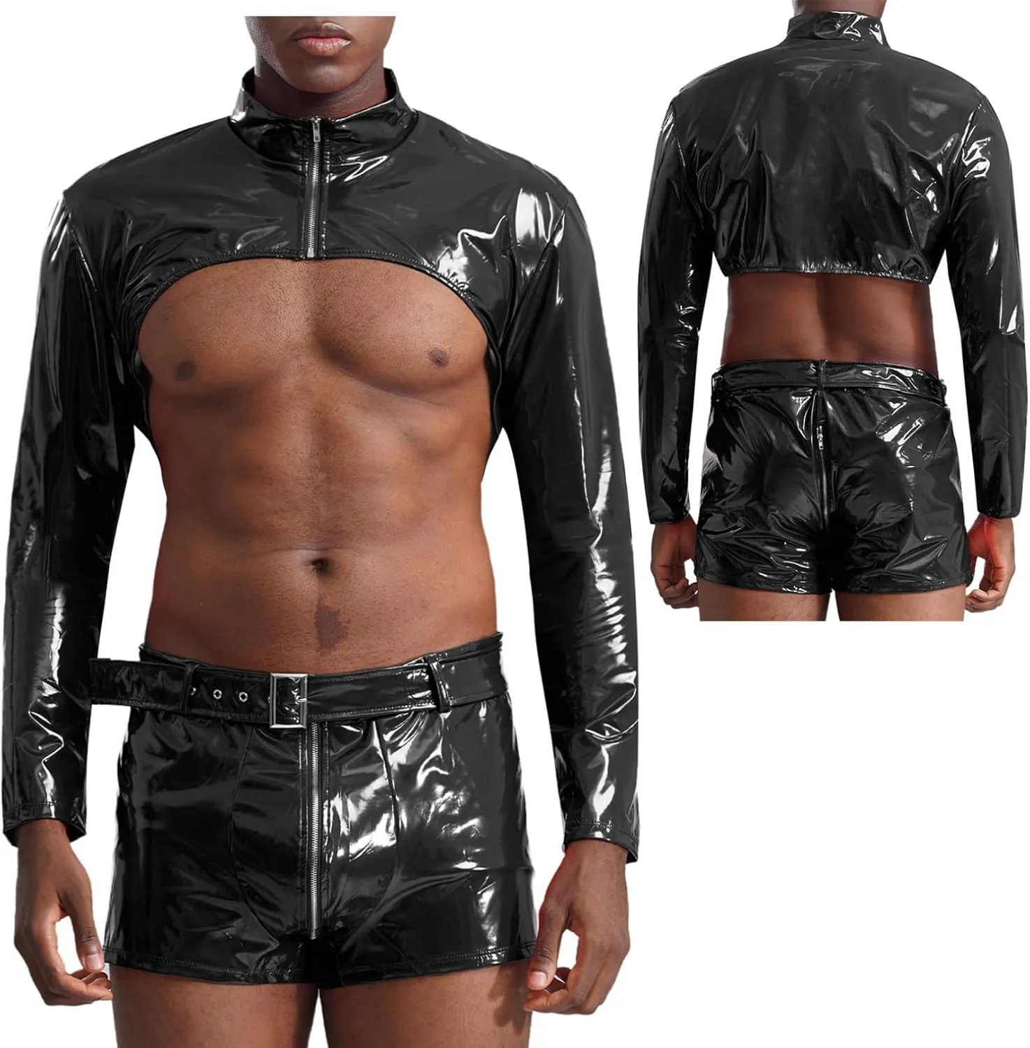 Men's Latex PVC Faux Leather Crop Top Muscle Shirts And Boxer Shorts Hot Pants Gym Outfits