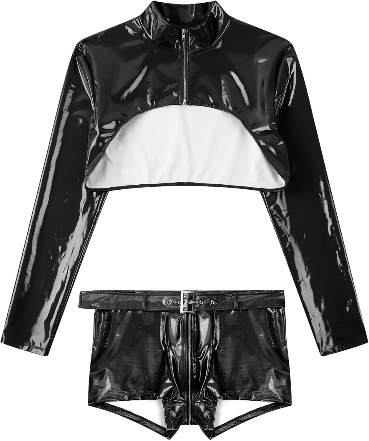 Men's Latex PVC Faux Leather Crop Top Muscle Shirts And Boxer Shorts Hot Pants Gym Outfits