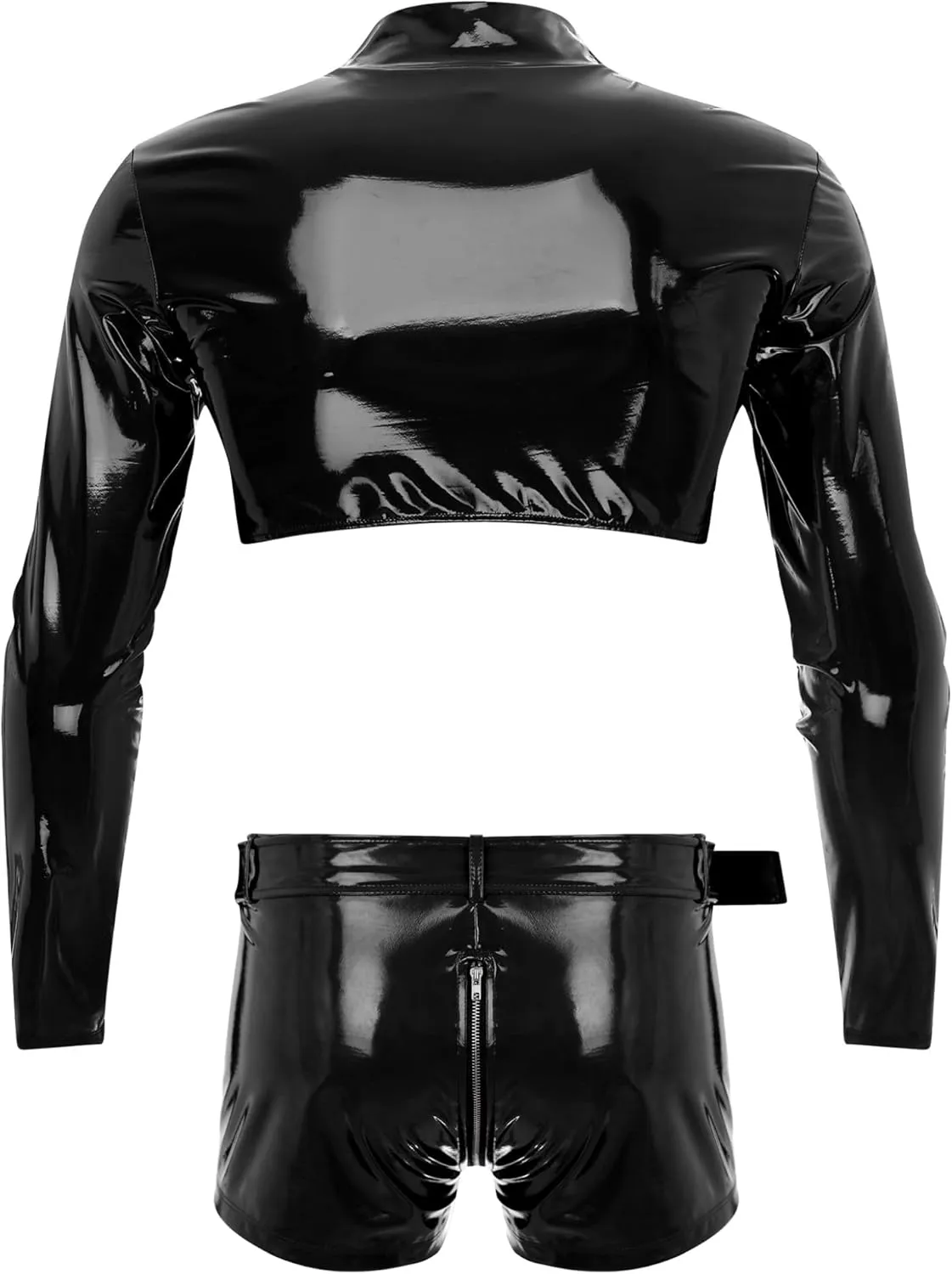 Men's Patent Leather Crop Top Jackets Muscle Shirts and Boxer Briefs Trunks Stage Underwear