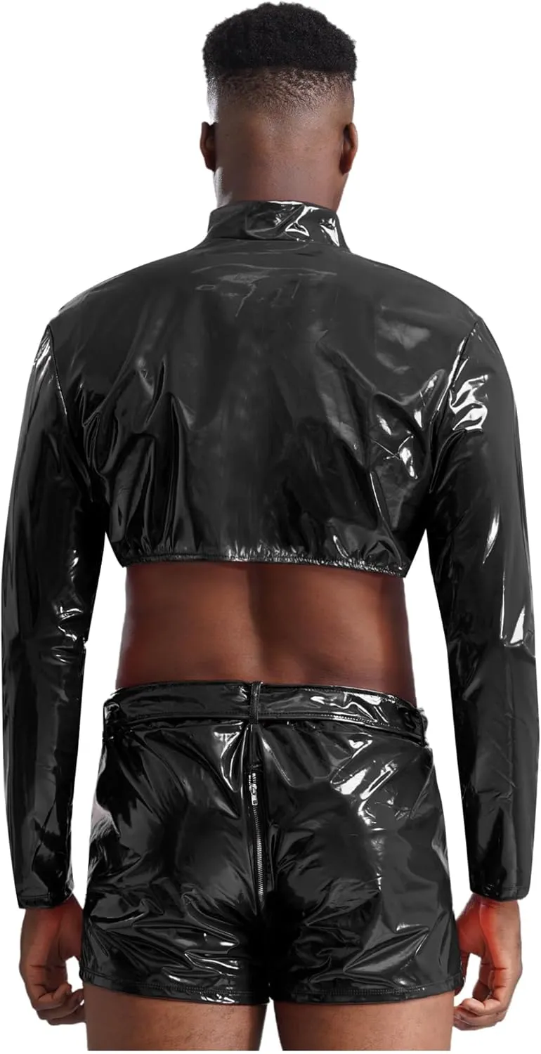 Men's Patent Leather Crop Top Jackets Muscle Shirts and Boxer Briefs Trunks Stage Underwear