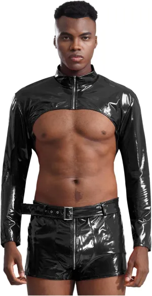 Men's Patent Leather Crop Top Jackets Muscle Shirts and Boxer Briefs Trunks Stage Underwear