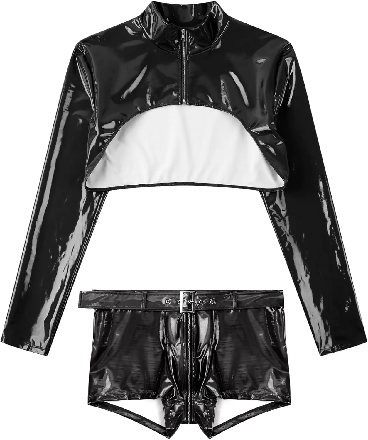 Men's Patent Leather Crop Top Jackets Muscle Shirts and Boxer Briefs Trunks Stage Underwear