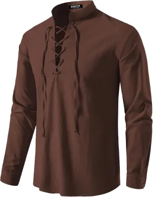 Men's Pure Cotton Retro Lace Up Shirts for Renaissance Pirate Viking Medieval