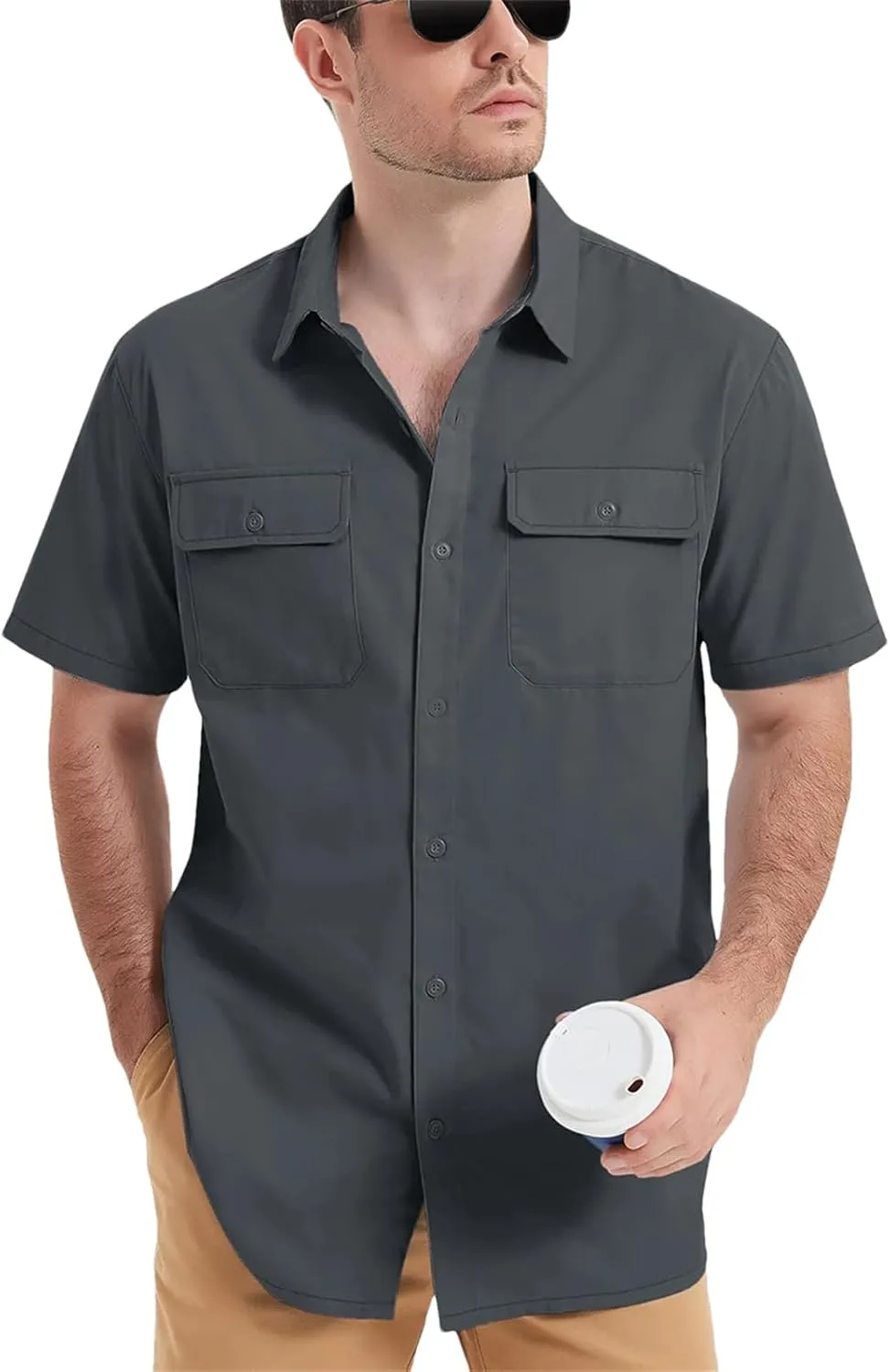 Men's Quick Dry Short Sleeve Shirts Casual Button Up Cargo Shirt Summer Hiking Fishing Trekking Work Outdoor Tops