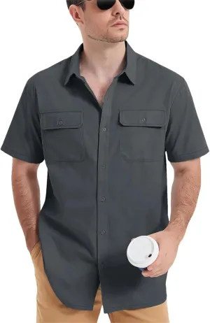Men's Quick Dry Short Sleeve Shirts Casual Button Up Cargo Shirt Summer Hiking Fishing Trekking Work Outdoor Tops