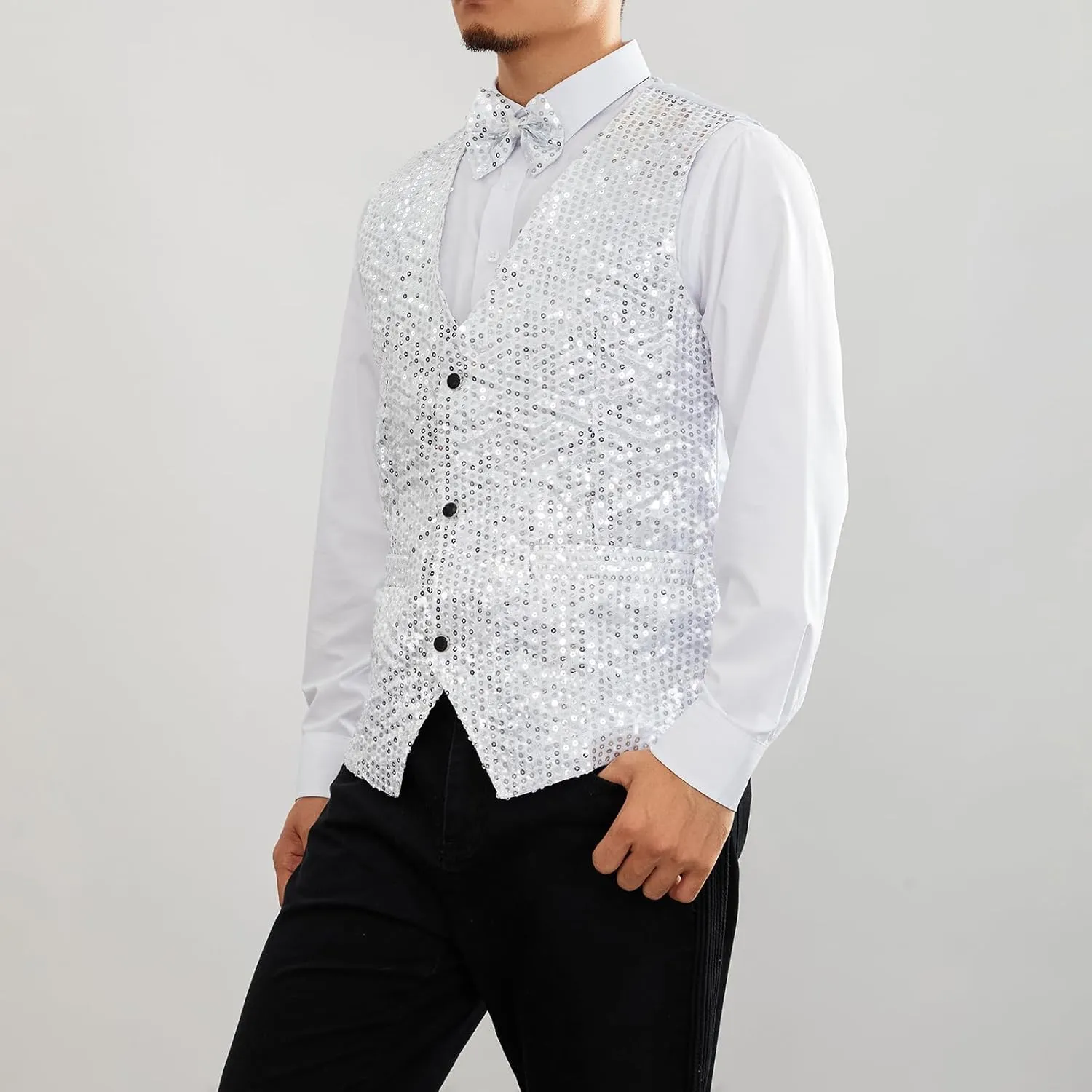 Mens Sequin Vests Dress Suit Vest Casual Shiny Waistcoat Bowtie Set with Pockets for Party Tuxedo Prom Wedding