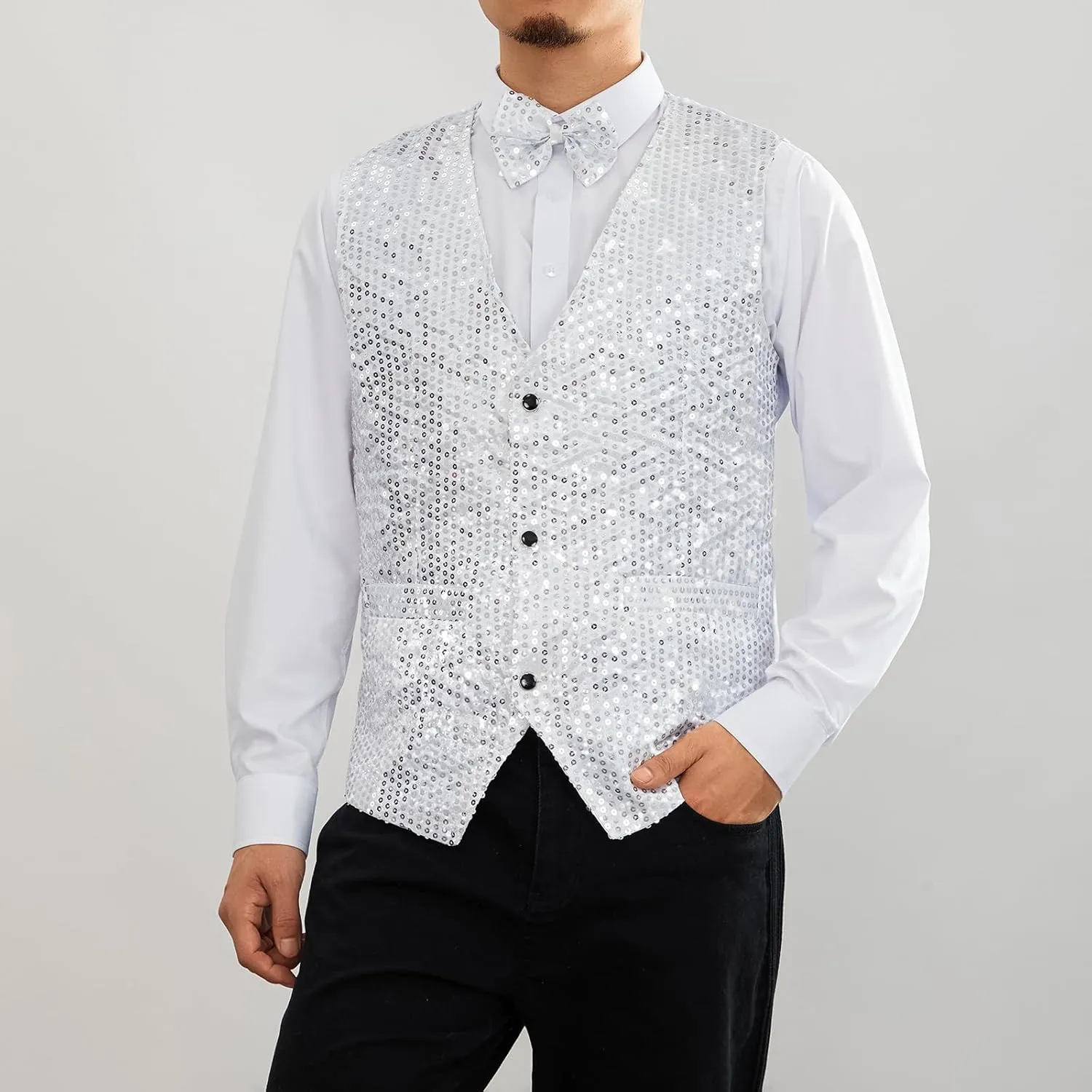 Mens Sequin Vests Dress Suit Vest Casual Shiny Waistcoat Bowtie Set with Pockets for Party Tuxedo Prom Wedding